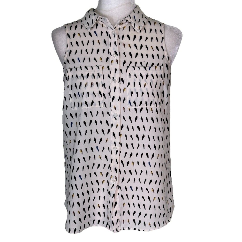 Women’s Workwear Sleeveless Button Up Collared Blouse Bird Print Office Sz XS